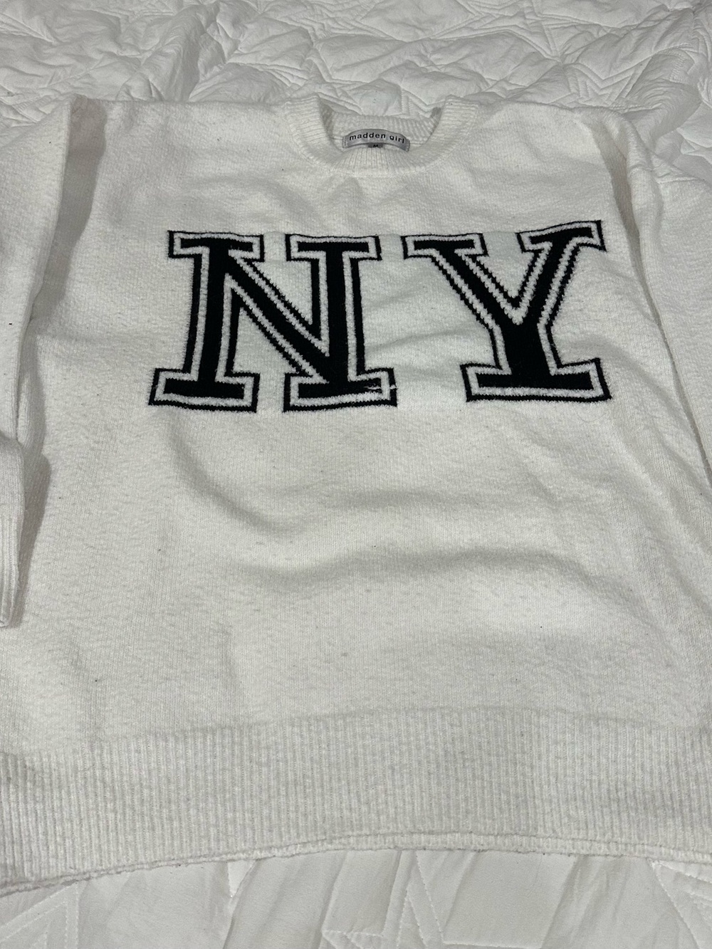 Madden Girl White Crewneck Sweater with Black NY Graphic